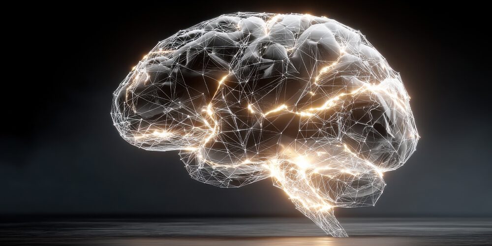 Digital representation of an illuminated brain in a neural network style.